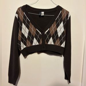 H&M Brown Argyle Pattern Crop Cardigan | size M women's